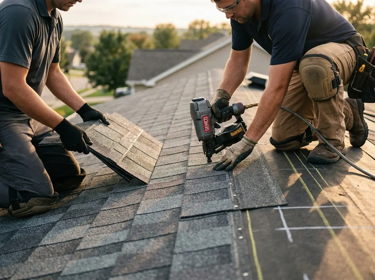 Professional roofer working on a residential roof in Muhlenberg